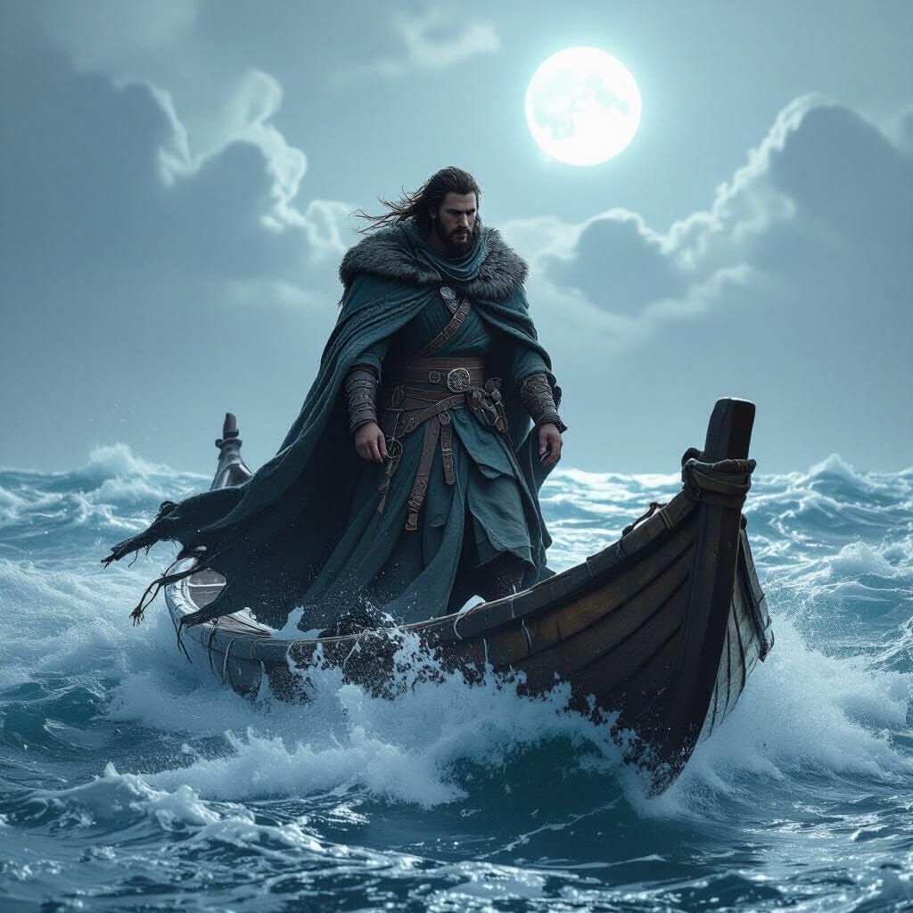 Celtic Explorer on Rough Seas Under Moonlight