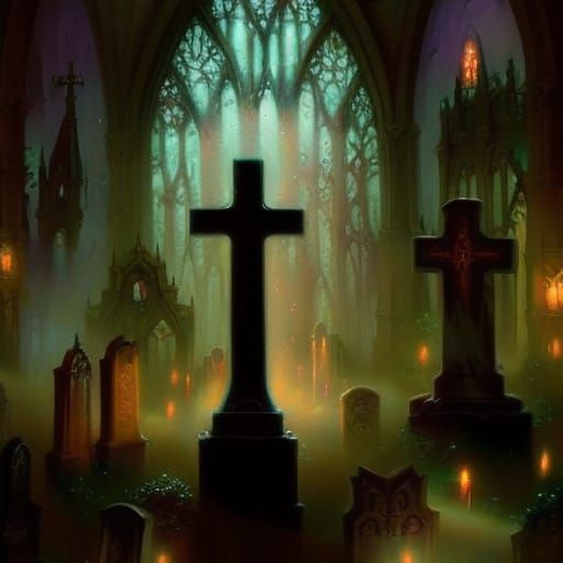 Ethereal gothic cemetery with Crypts and tombstones& haunting vibes& gothic vibes& ethereal vibes& dark fantasy vibes& f...