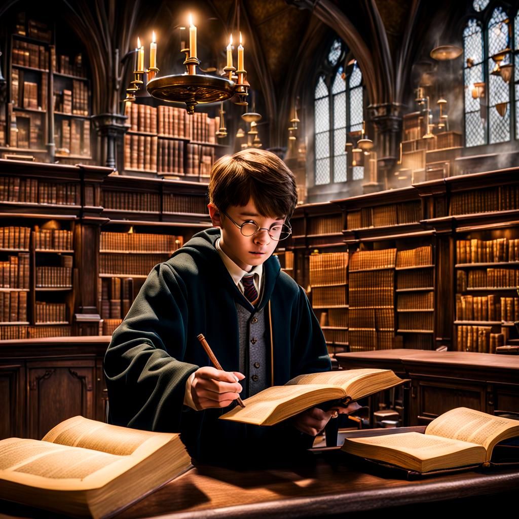 Student Practicing Magic in Hogwarts Library
