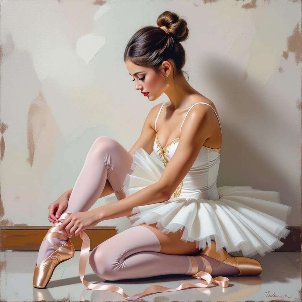 Ballerina Tying Ballet Shoes in Impasto Style
