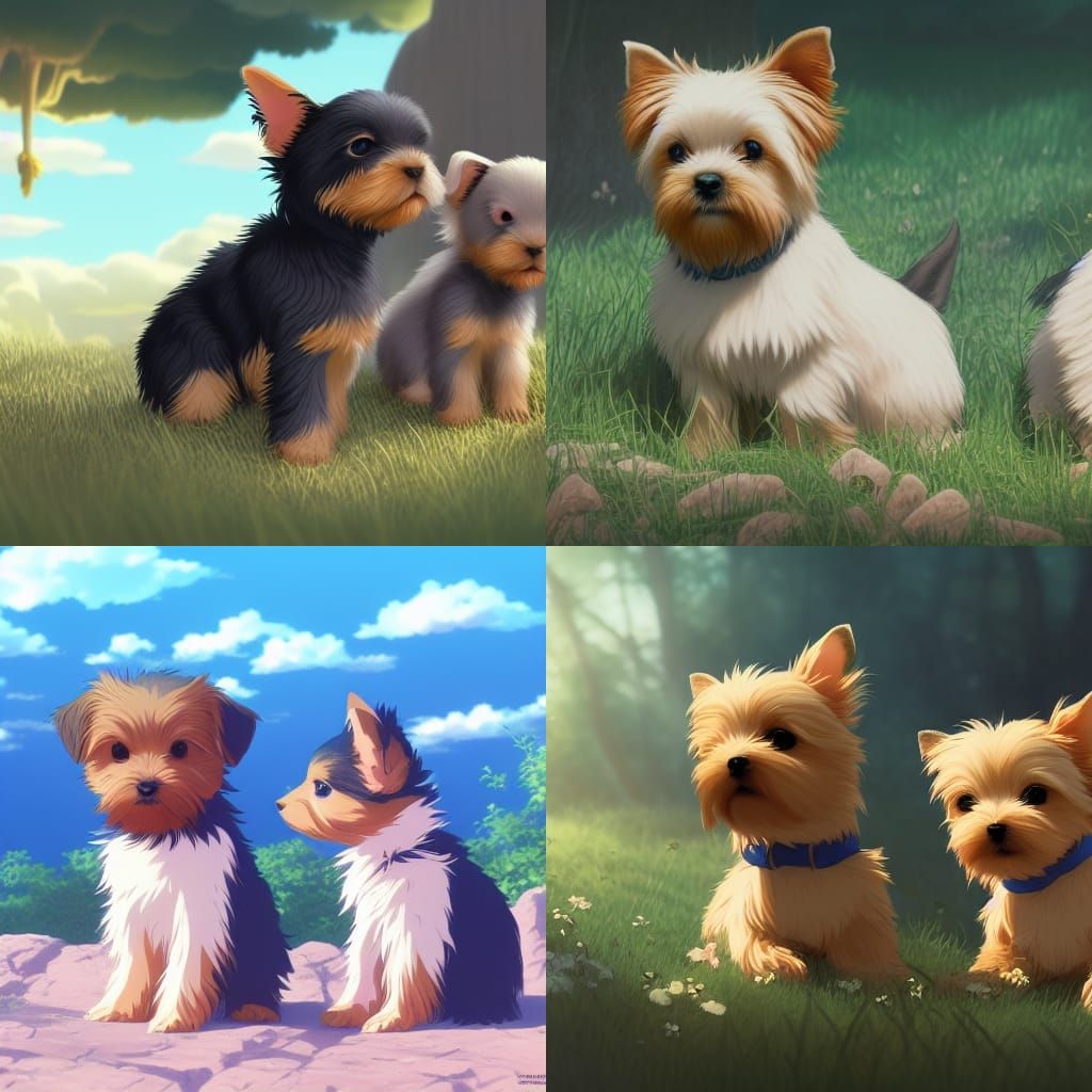 Yorkie Puppies and Bunnies in Anime Style