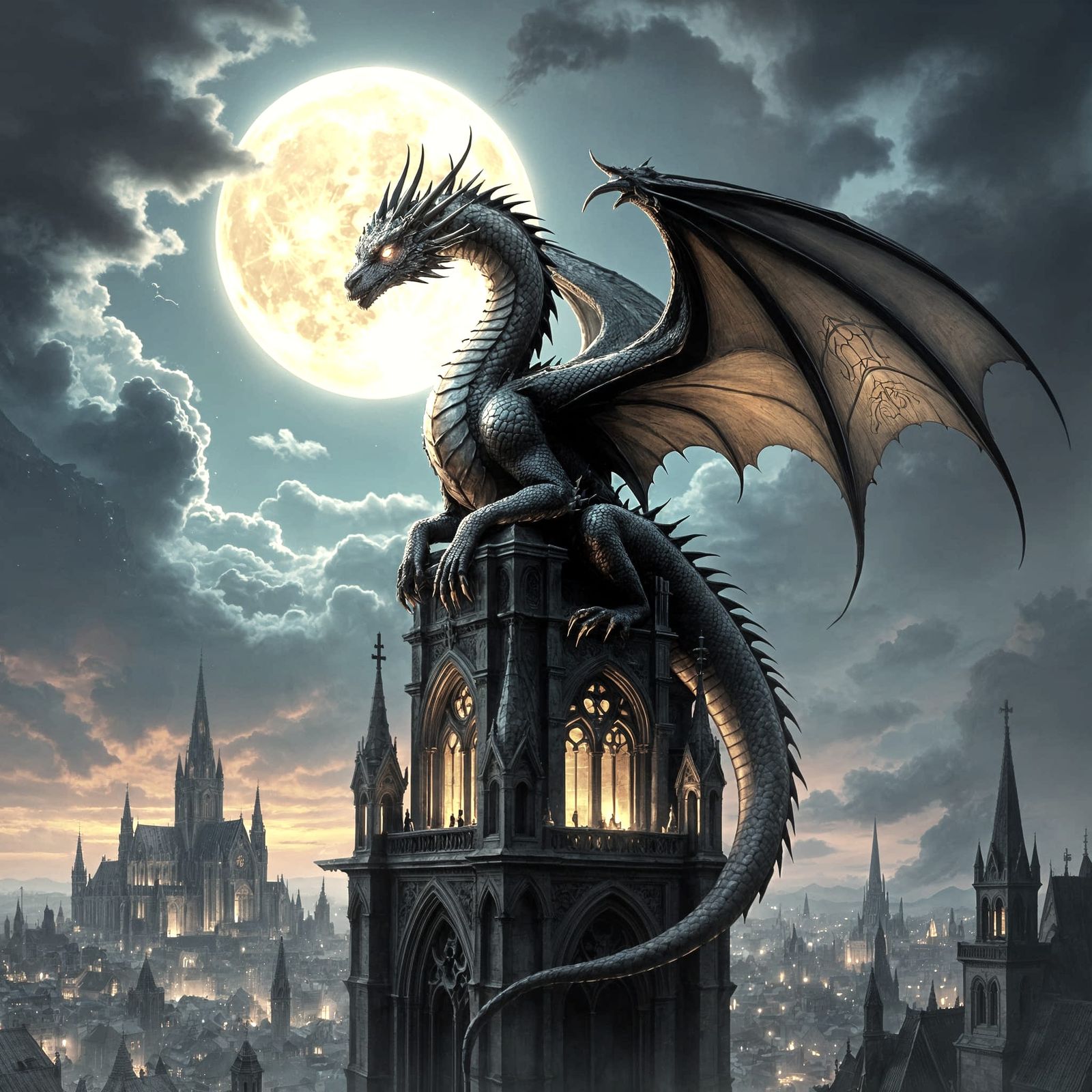 Ancient Obsidian Dragon on Gothic Cathedral Spire