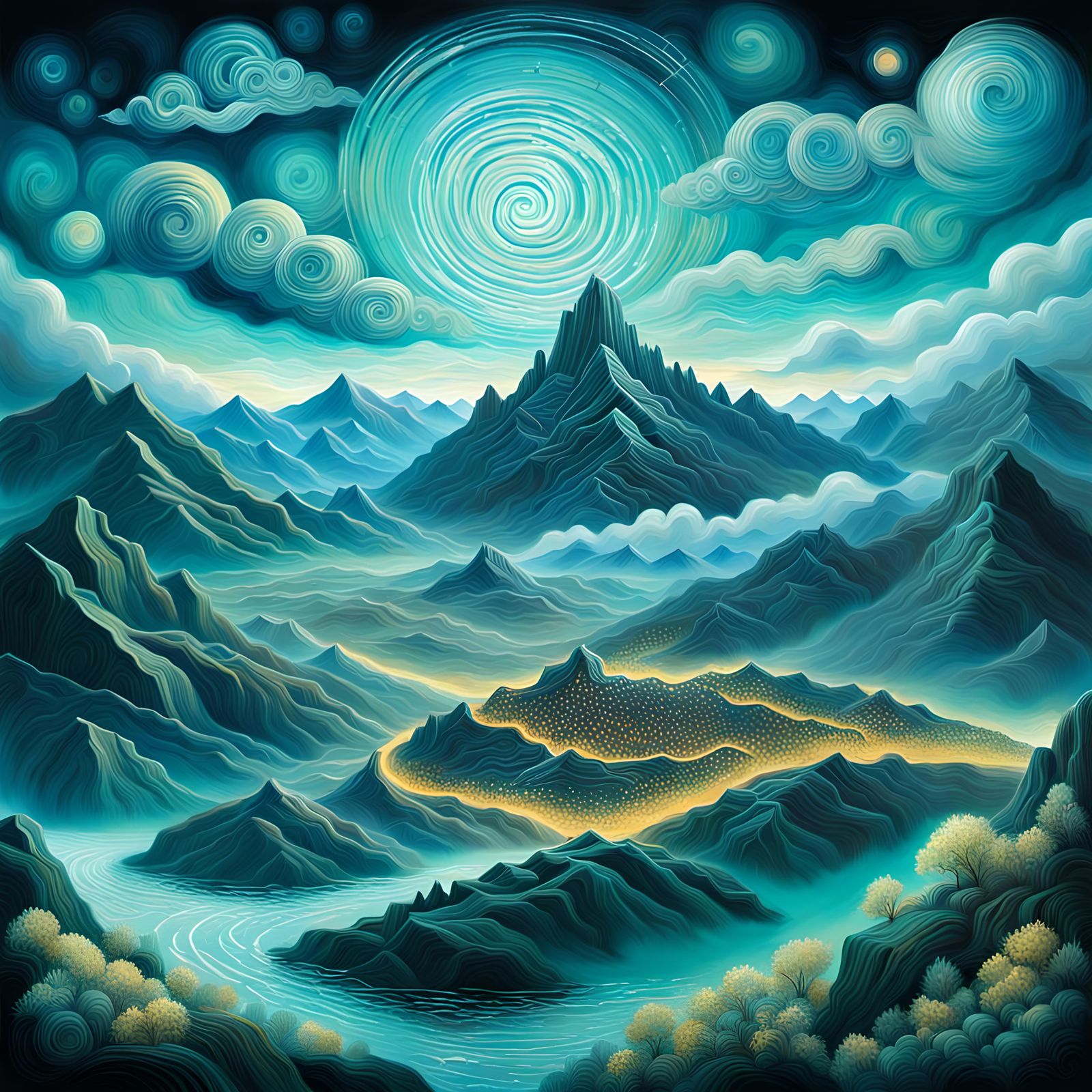 Mountain City with Bioluminescence in 3D Style