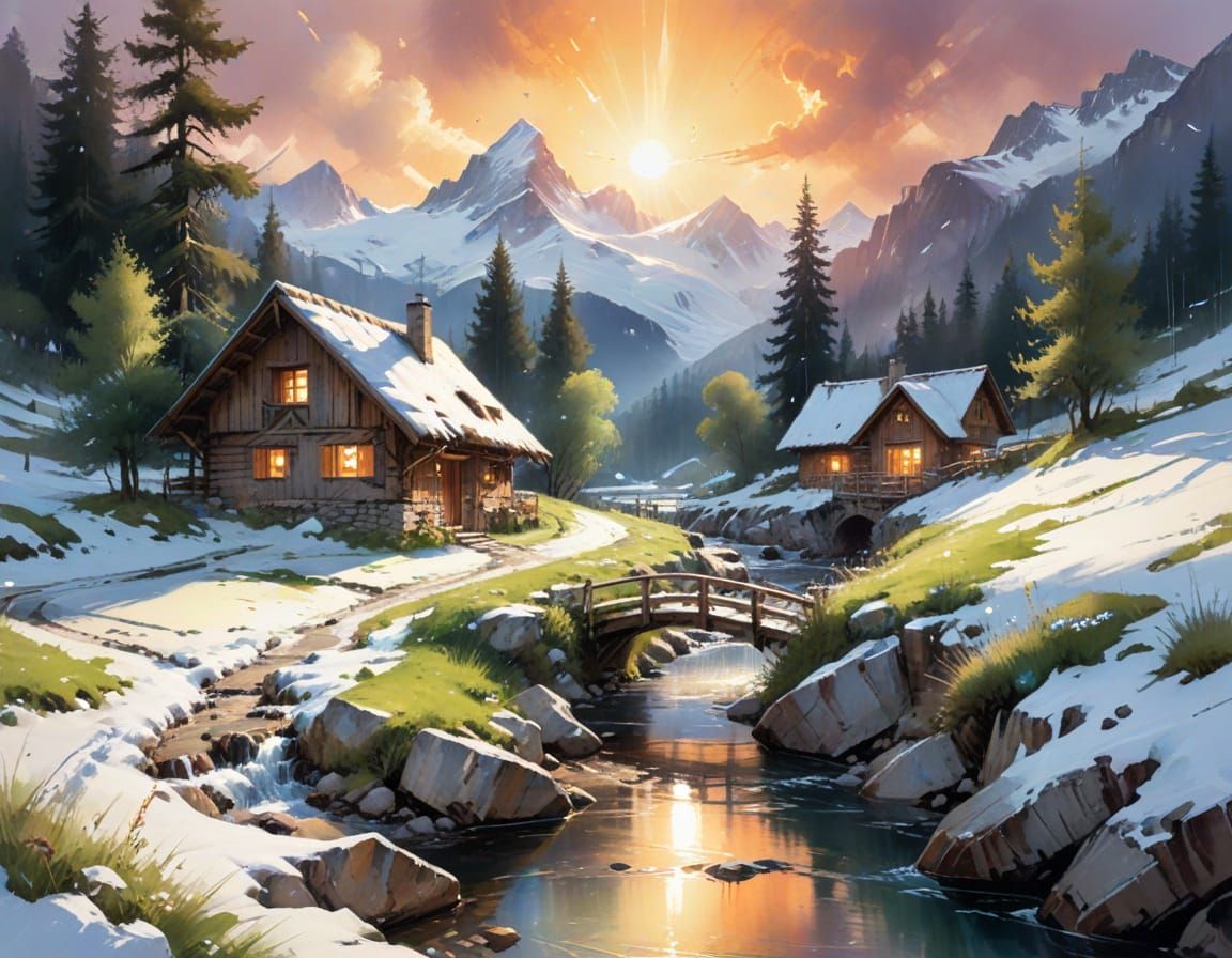 Alpine Hamlet in Watercolor Style at Sunset