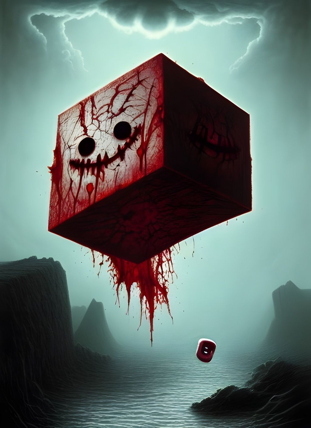 Bloody Floating Cube with Terrifying Smile