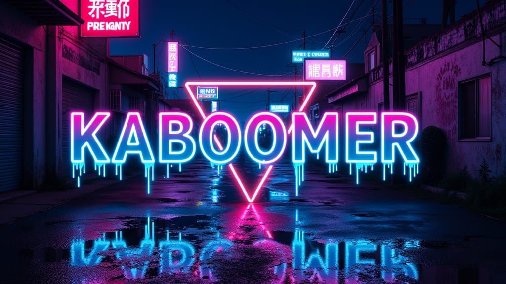 Bioluminescent Neon Word KABOOMER in Urban Alley