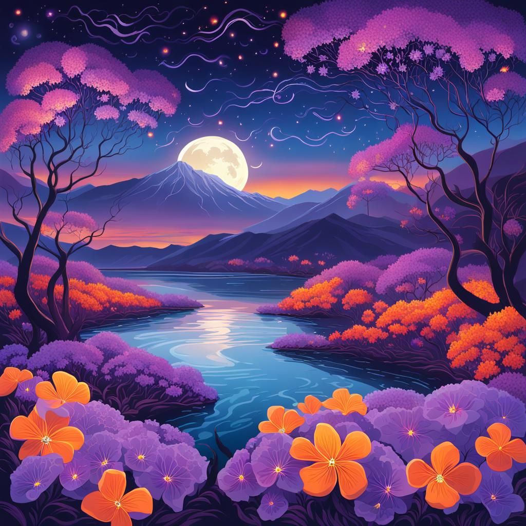 Electric Flower River: Neo-Impressionist Oil Painting