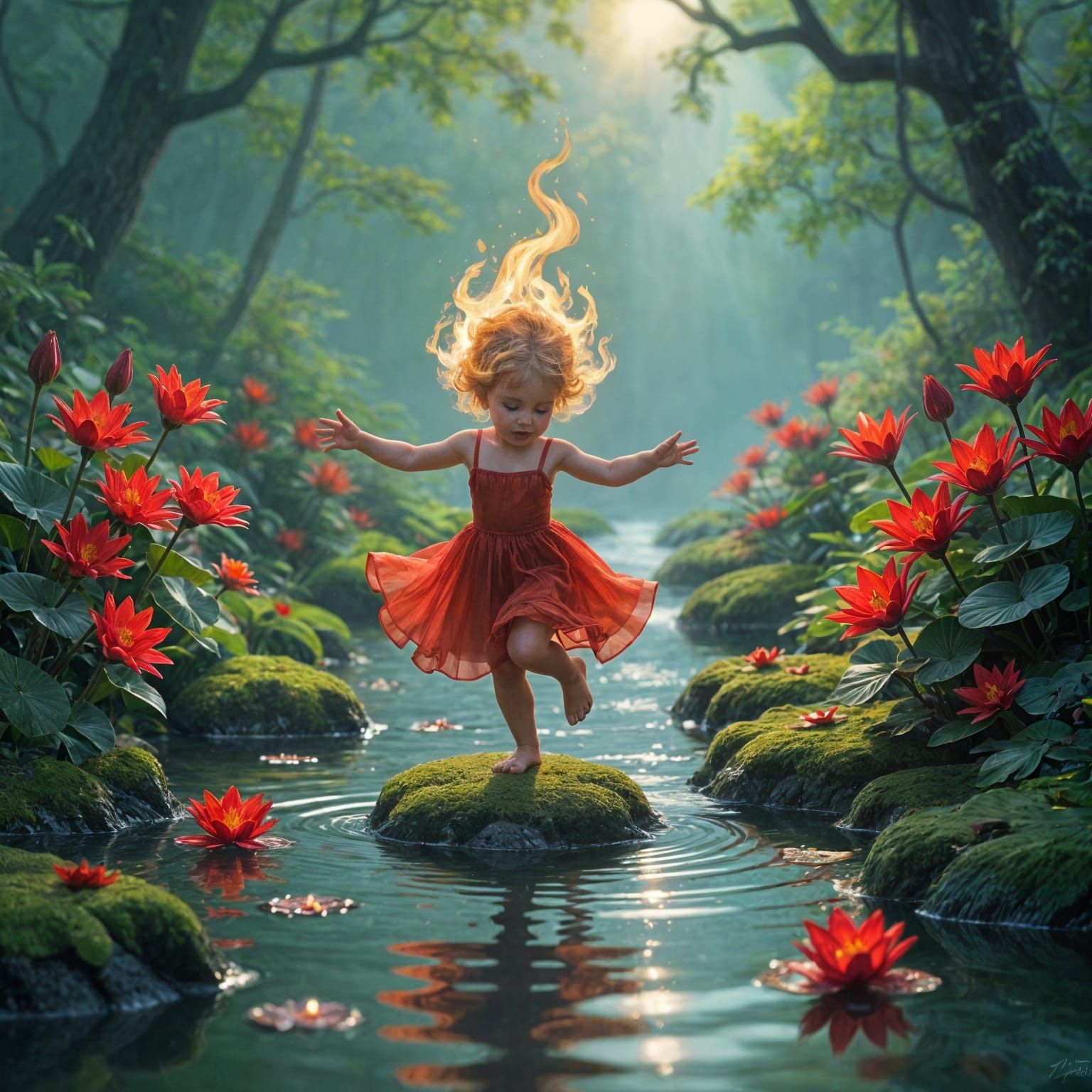 Fire Spirit Child Skipping in Stream, Magical Realism