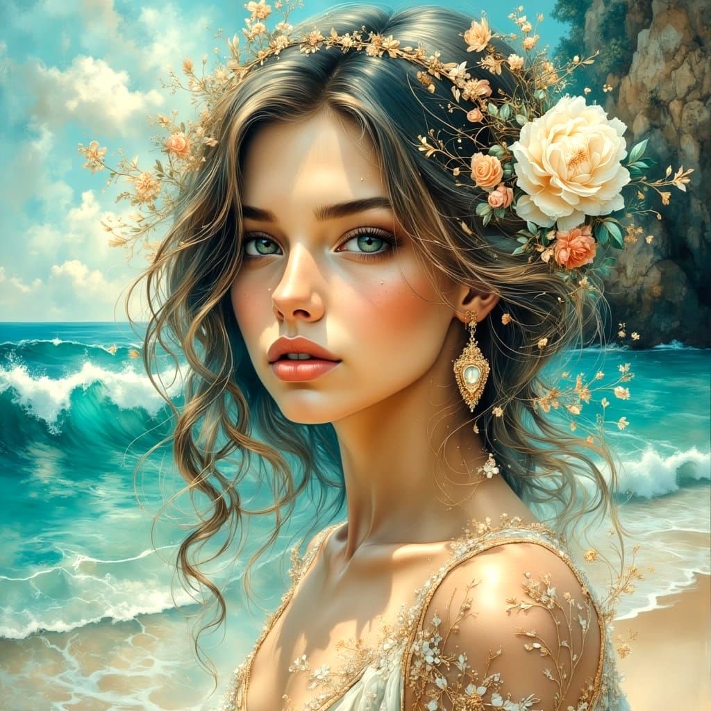 Radiant Portrait with Ocean Backdrop in Ethereal Pastel Styl...