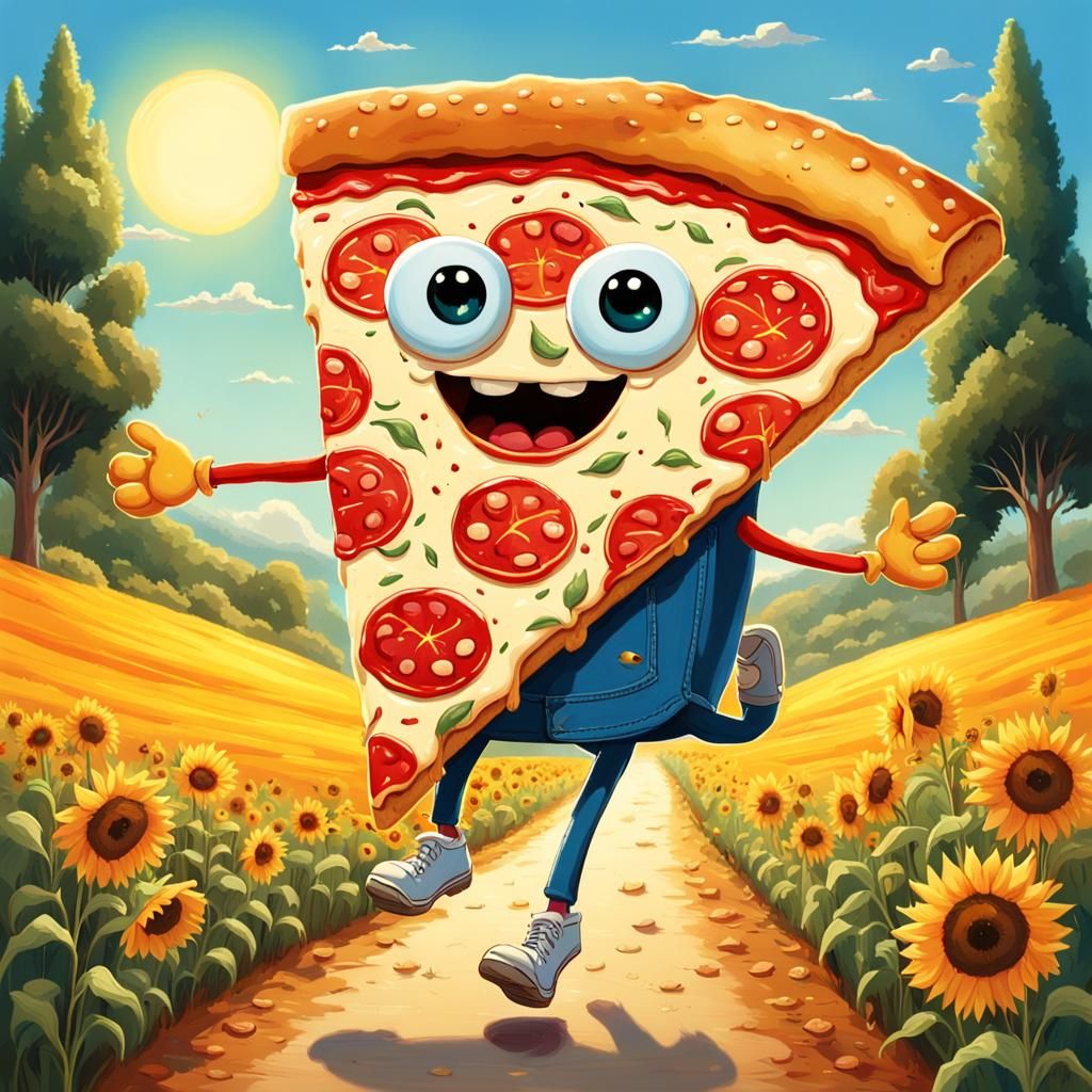 Anthropomorphic Pizza Slice Walking Down a Country Path