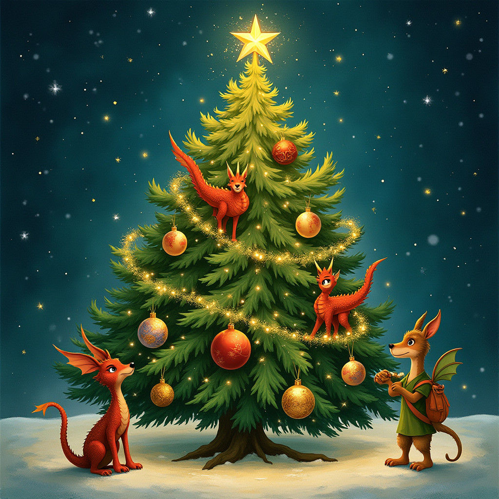 Christmas Tree with Dragon and Elf Ornaments