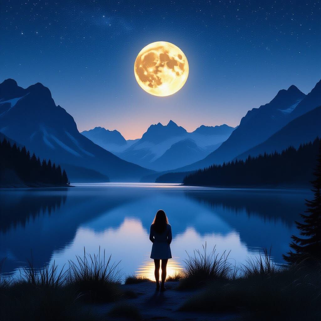 Mountain Valley Under Golden Moon: Astrophotography