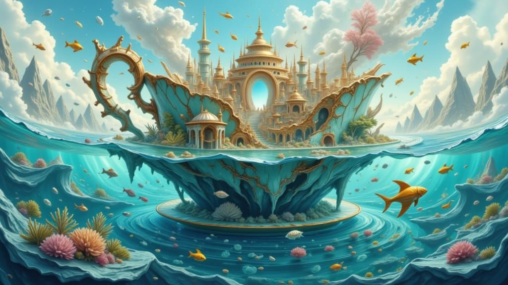 Giant Ancient Teacup Floats in Swirling Ocean