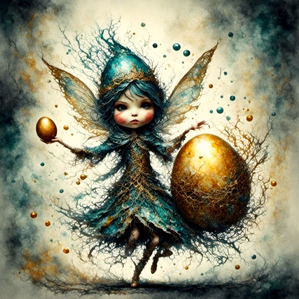 Fairy Dances with Angry Egg in Watercolor Style