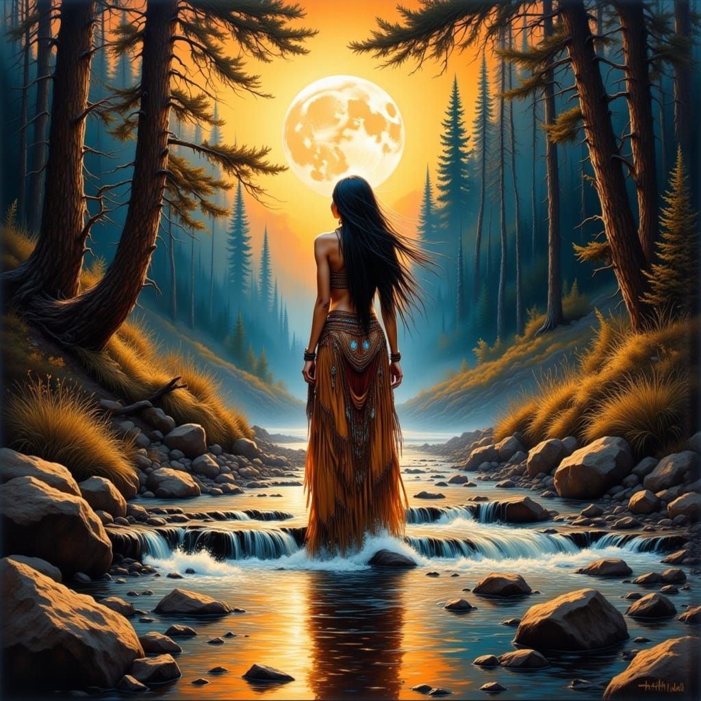 Stunning Native American Woman in Magical Moonlit Forest