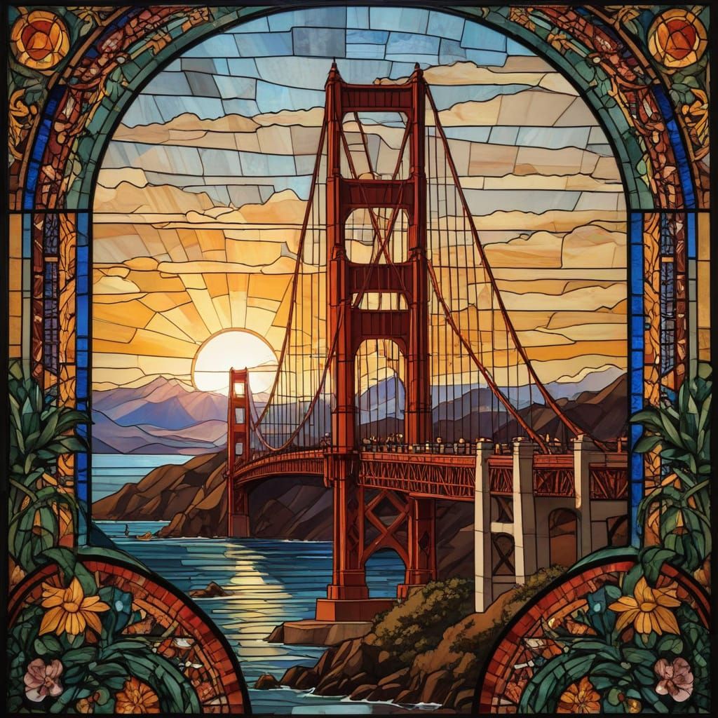 Crystal Cubism Cityscape in Art Deco Stained Glass Style