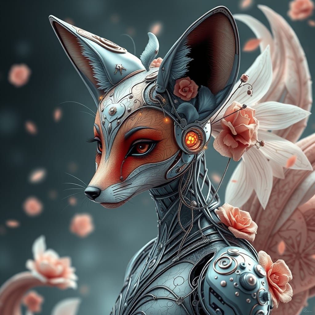 Elegant Cyborg Fox with Floral Etchings
