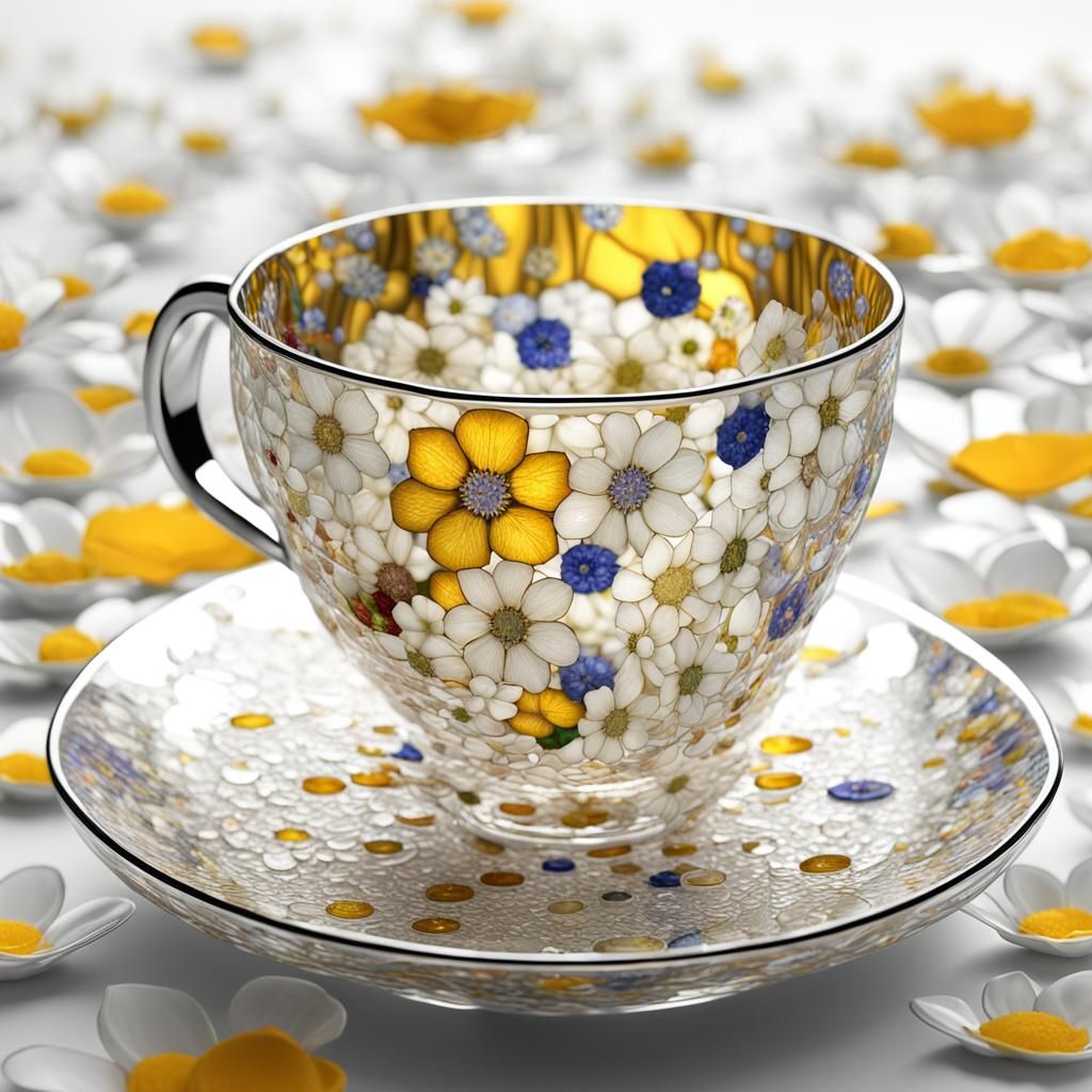 Glass Teacup of Flowers in Klimt Style