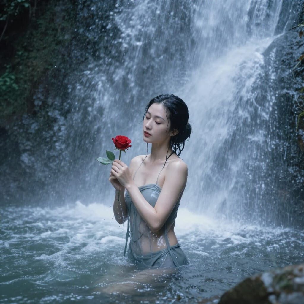 East Asian Woman Bathes in Waterfall, Expressionist Style