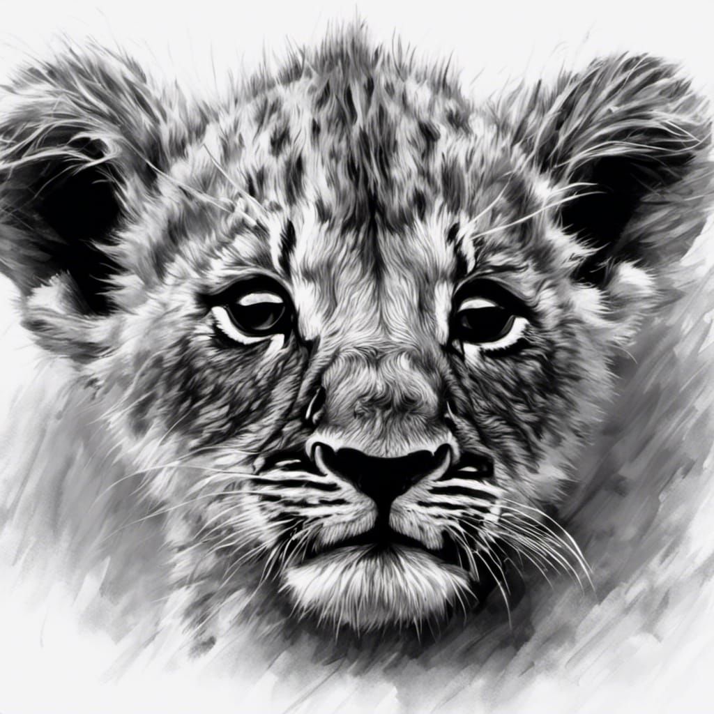 Lion Cub Drinking: Detailed Pencil Sketch