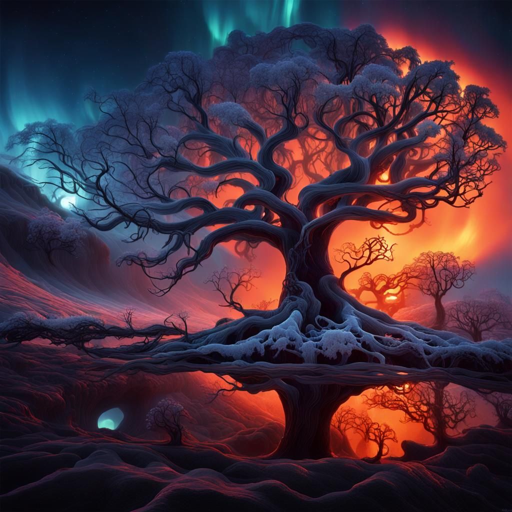Surreal Lava Tree with Aurora and Cosmic Clock