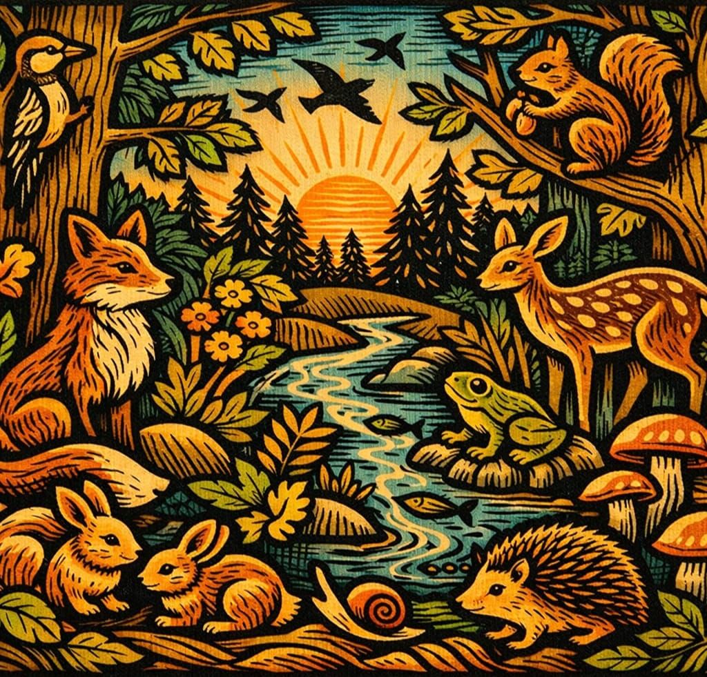 Whimsical Forest Animals in Colorful Linocut Style
