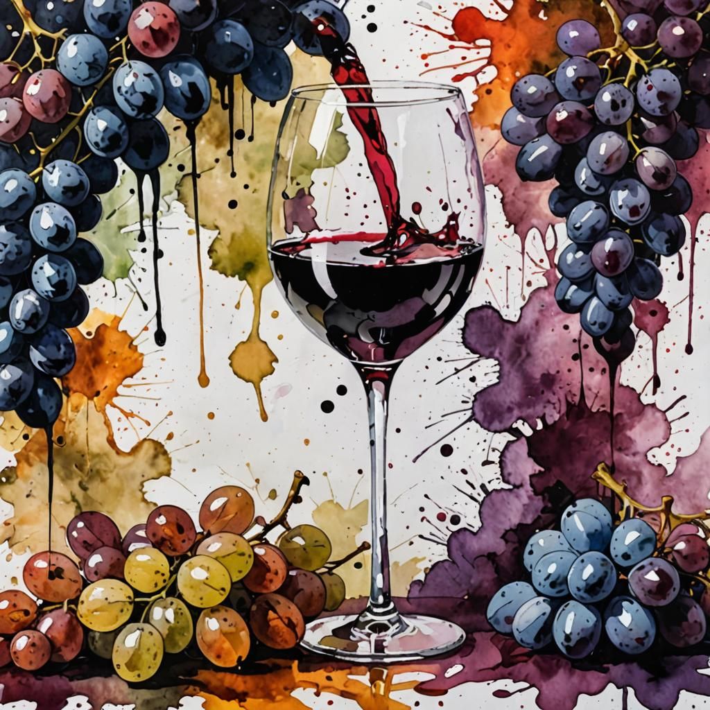 Ink Splatter Still Life of Wine and Grapes