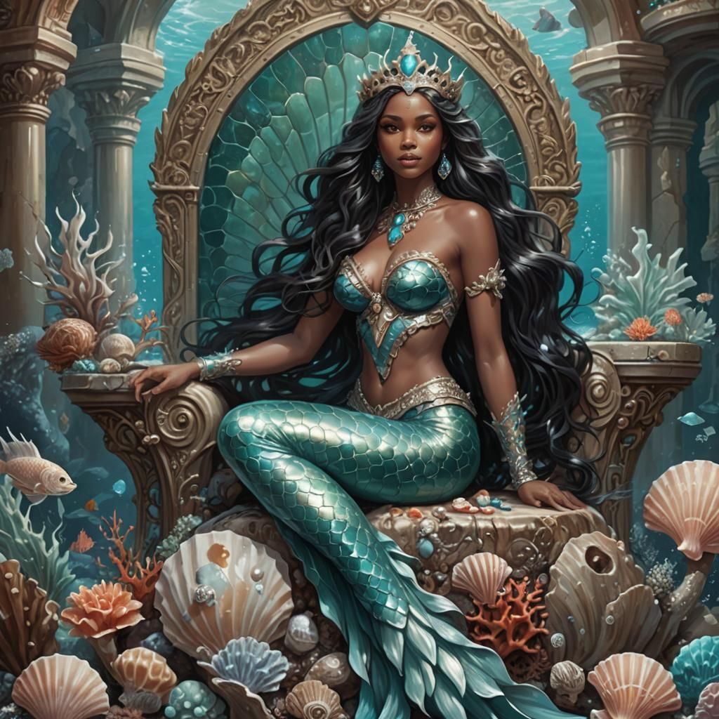 Mermaid Queen on Coral Throne: Digital Fantasy Painting