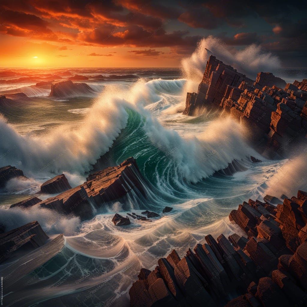 Dramatic Waves Crash on Rocky Shoreline at Sunset