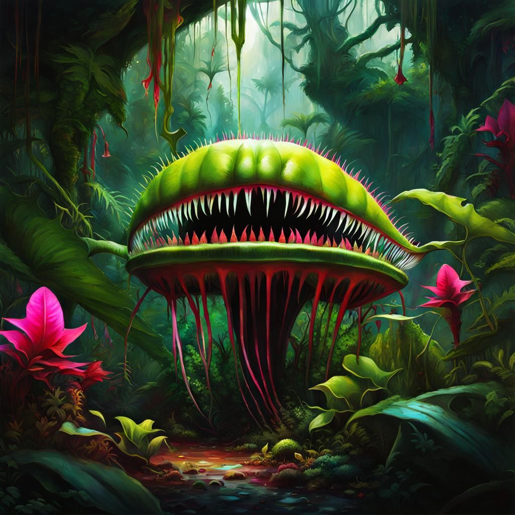 Eerie Venus Flytrap in Jungle, Graffiti Art Style