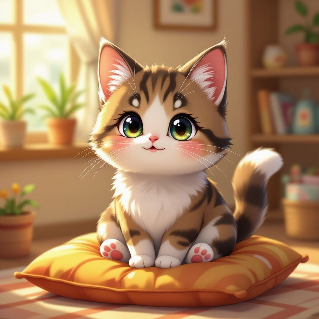 Cute Cartoon Cat Girl in Cozy Sunlit Room