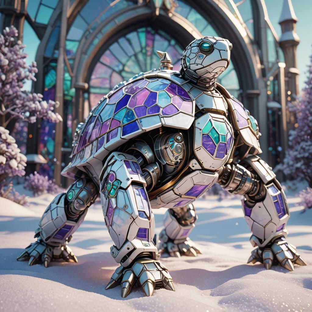 Futuristic Stained Glass Turtle Mech in Snow