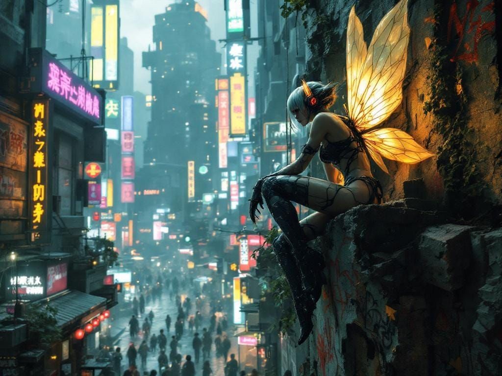 Cyberpunk Fairy Overlooking Futuristic Cityscape