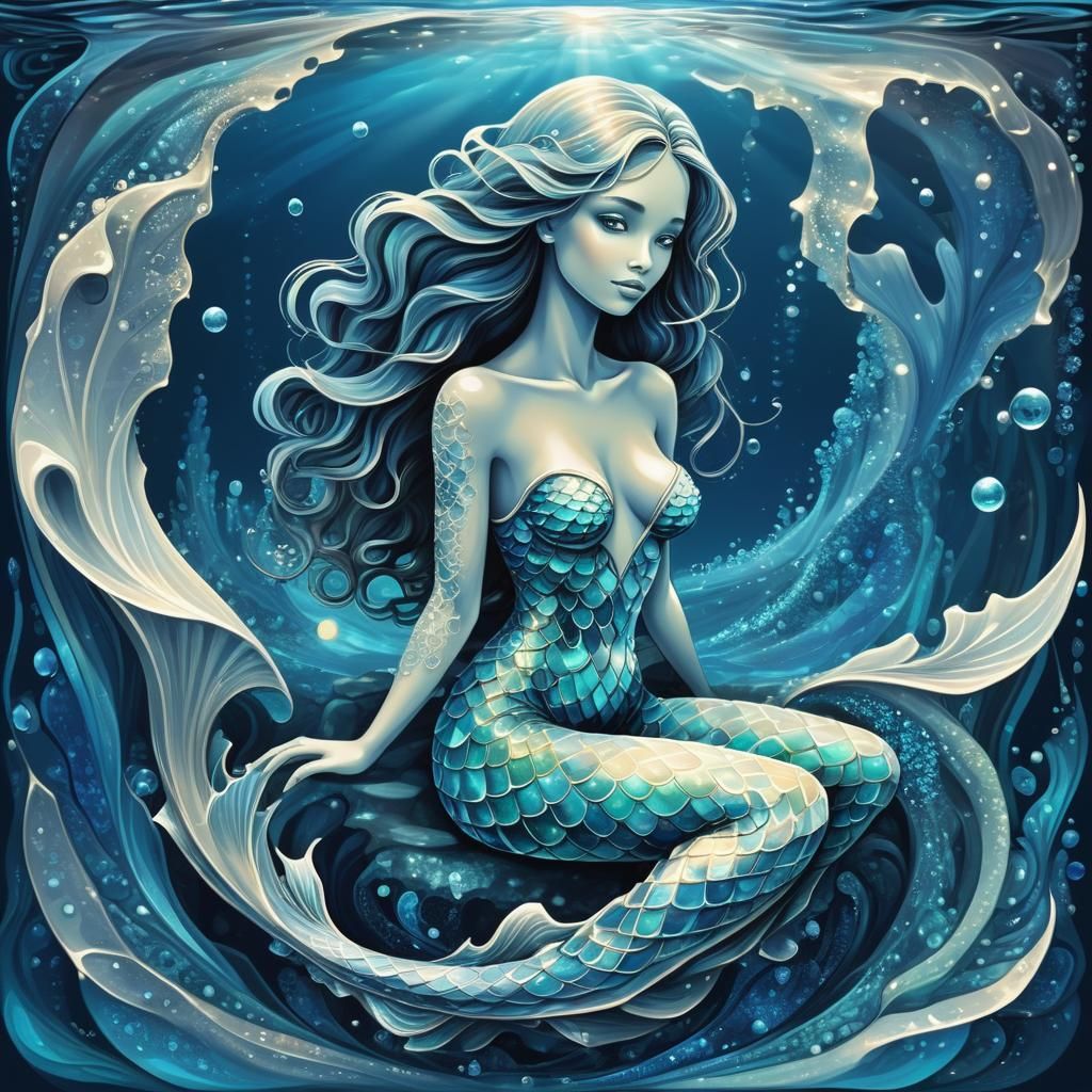 Cyber Mermaid on Diamond Stone in Cosmic Night