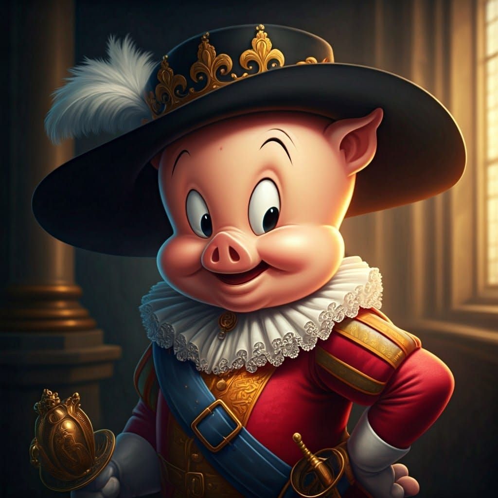 Porky Pig as Louis XIII in Hyperrealistic Style