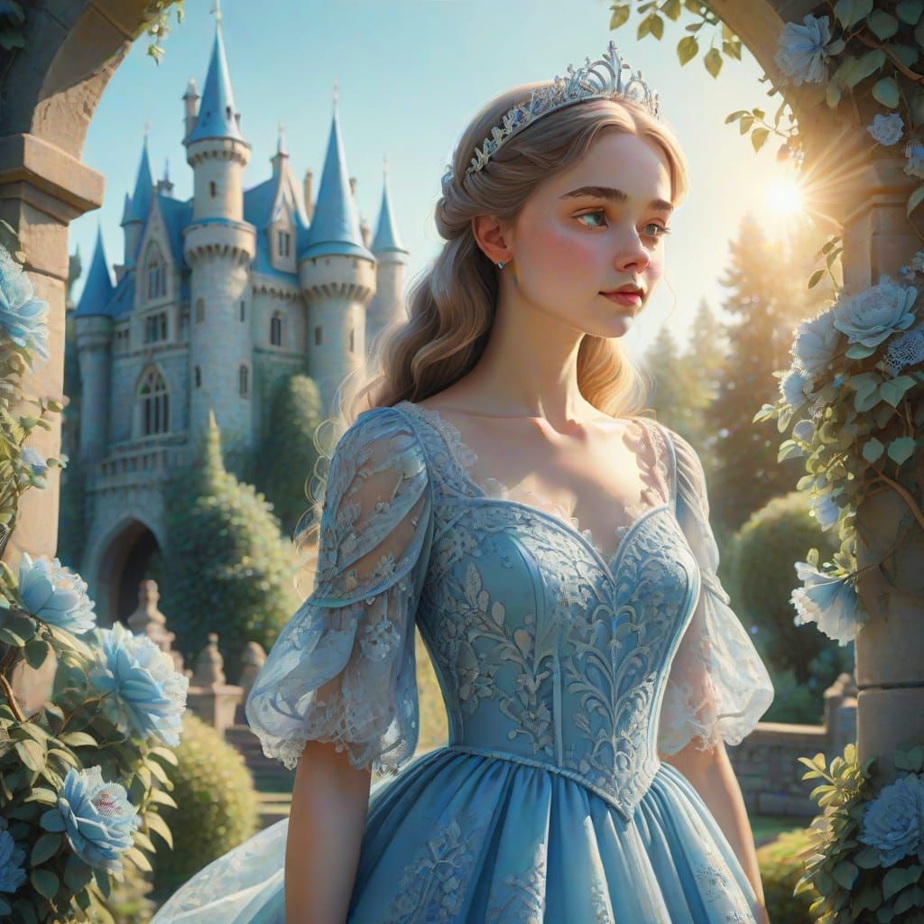 Princess in Castle Garden: Whimsical Fairytale Art