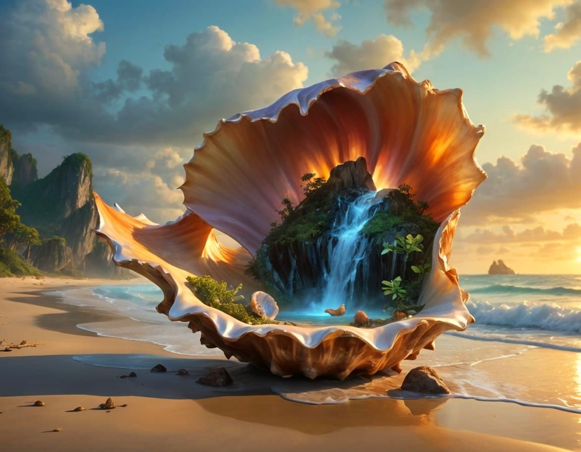Conch Shell Waterfall: Fantasy Oil Painting