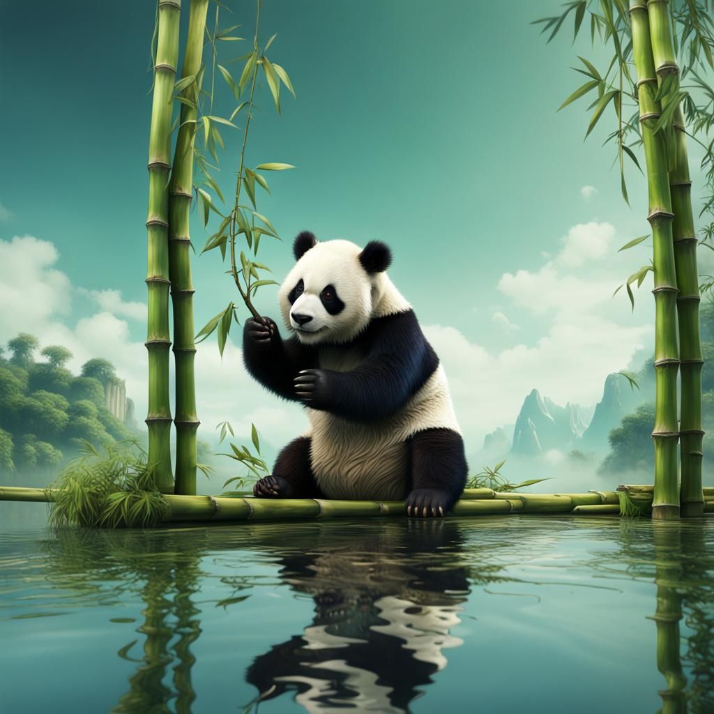 Playful Panda Balances on Bamboo, Reflected