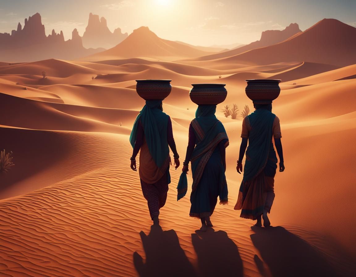 Indian Women in Desert Silhouette: Photorealistic Matte Pain...