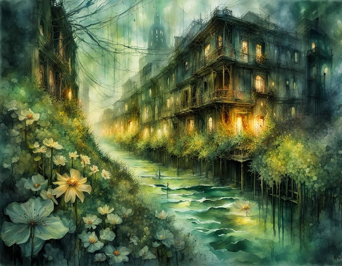 Eerie Flower City-Maze in Watercolor Style