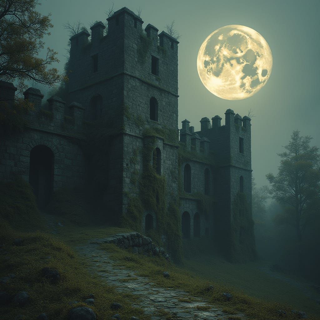 Ancient Fort Ruins under a Dreamlike Full Moon