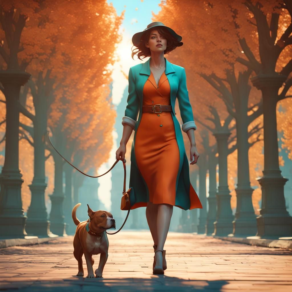 Woman Walking Dog in Park, Digital Art