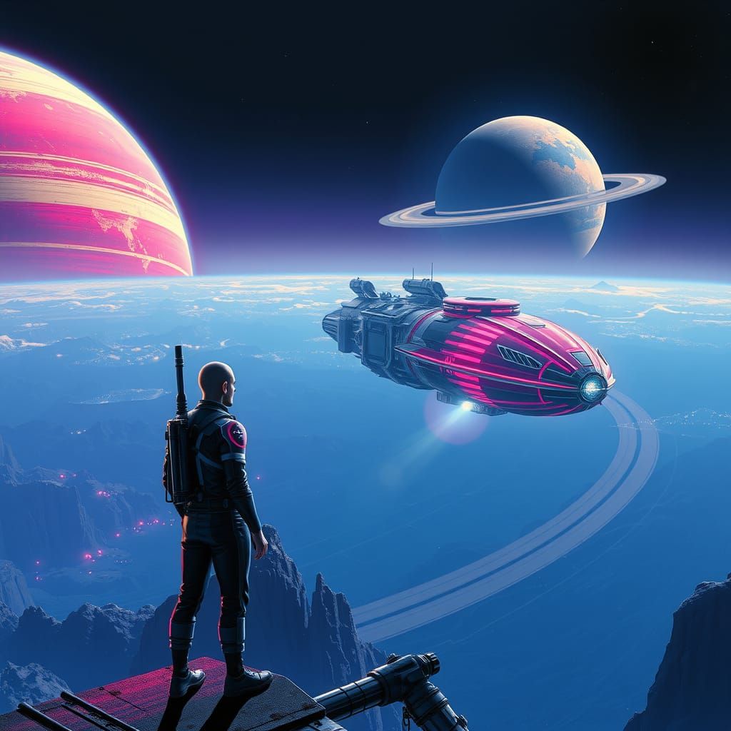 Sci-Fi Figure Gazing at Spaceship Vista