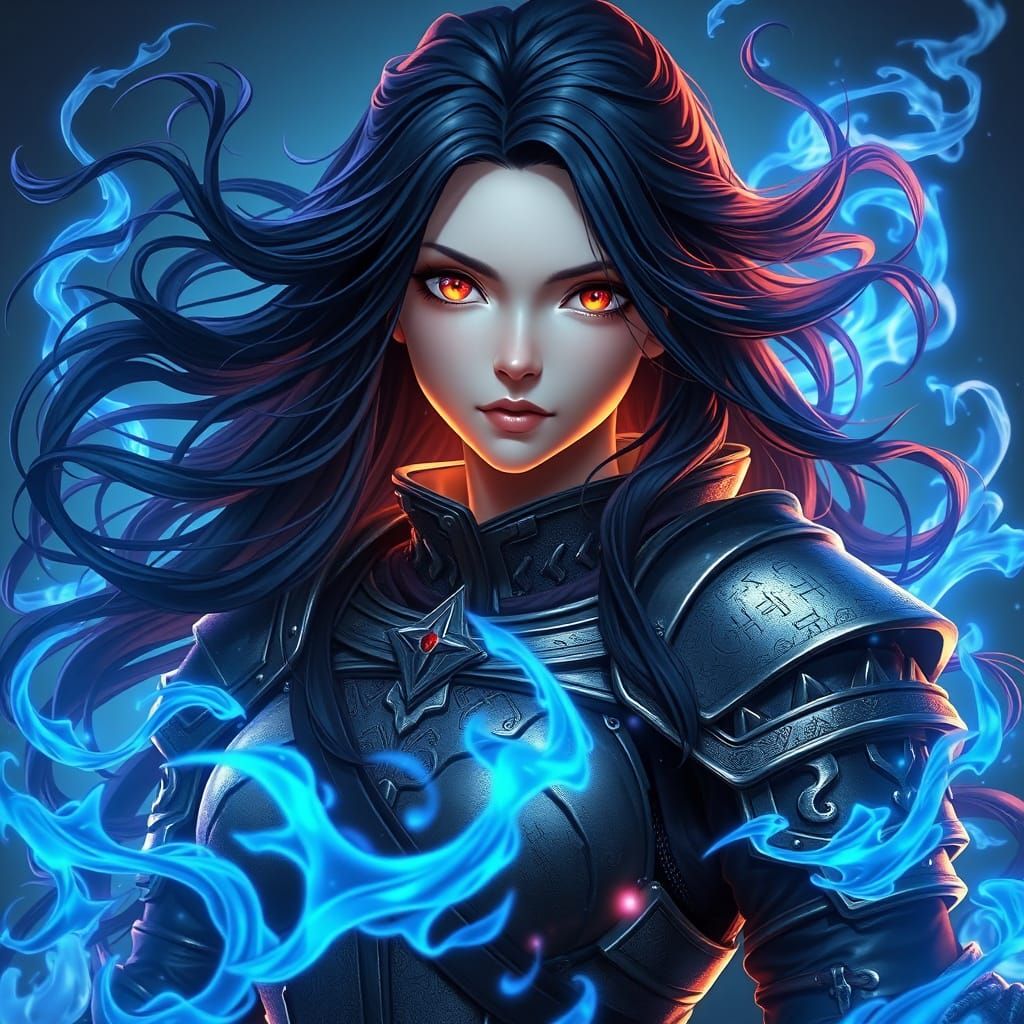 Medieval Warrior Goddess in Blue Flame Armor