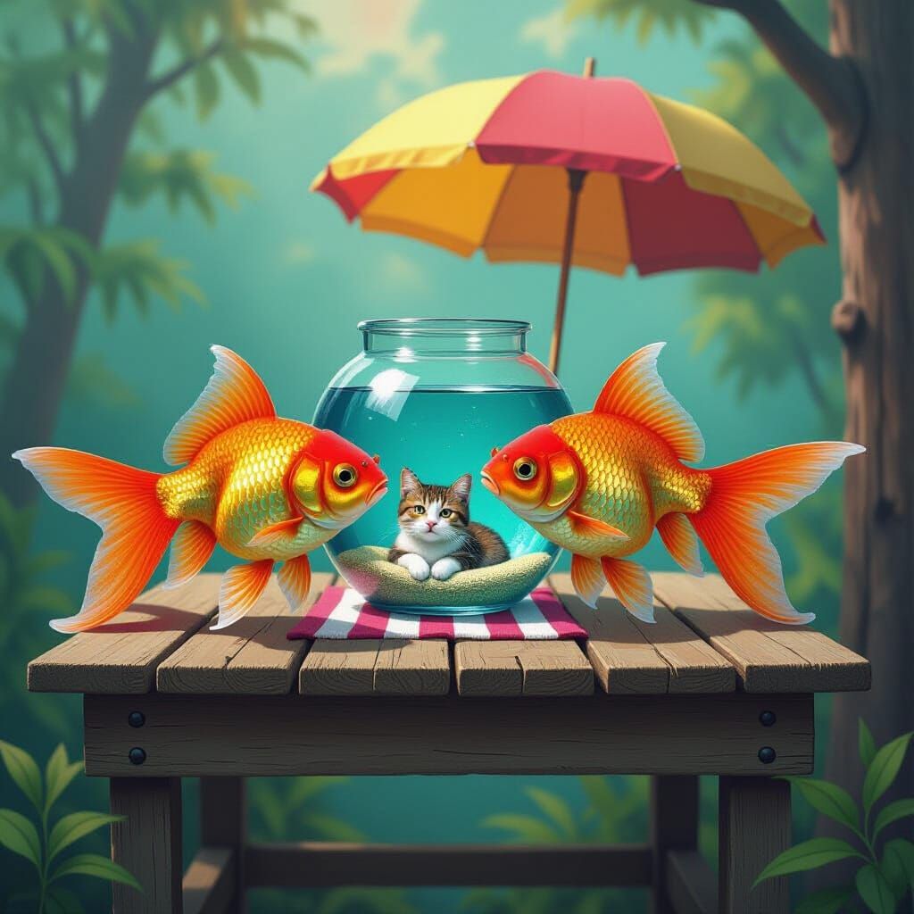 Goldfish Gaze Upon Feline Beach Vacation