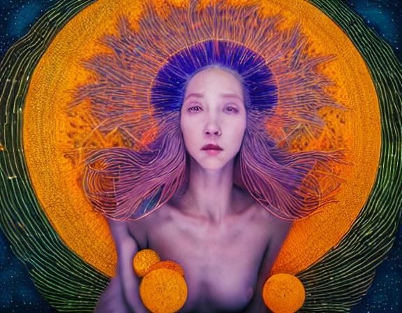 Celestial Woman in Surreal Sun and Moon Star