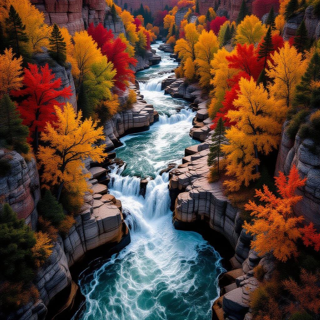 Autumn Canyon River Aerial View
