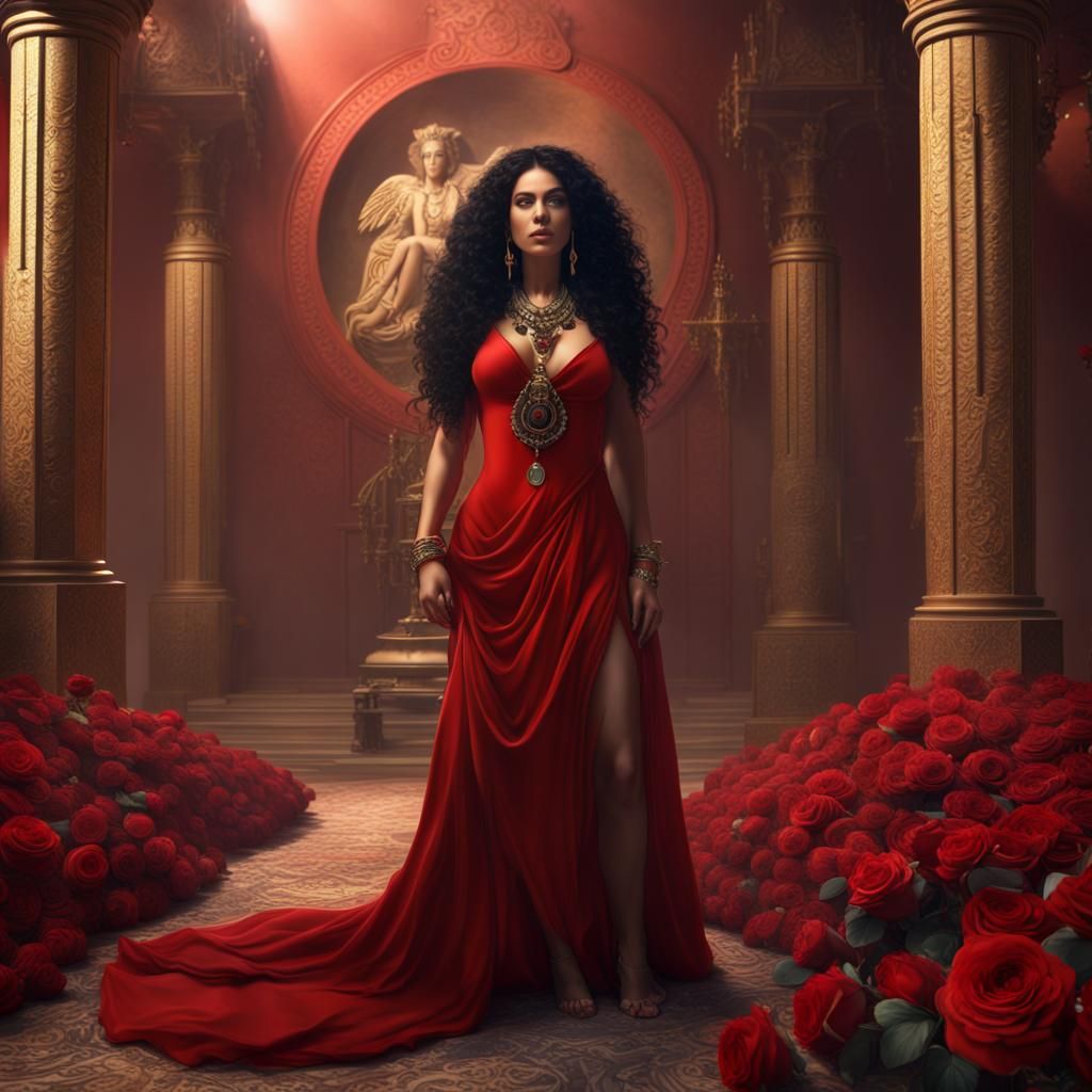 Beautiful Egyptian Woman with Red Roses, Hyperrealistic Art