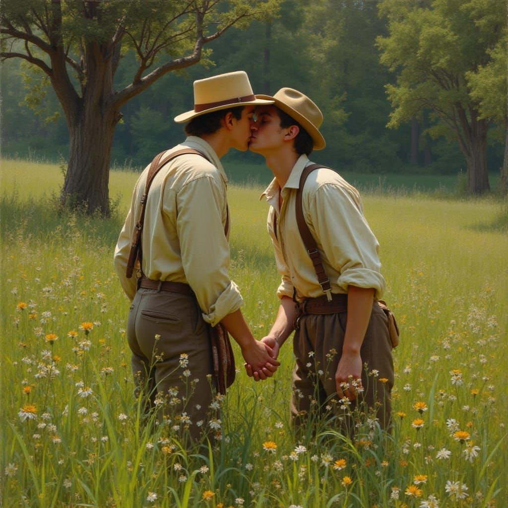 Romantic Kiss in Meadow: Early 20th-Century Style