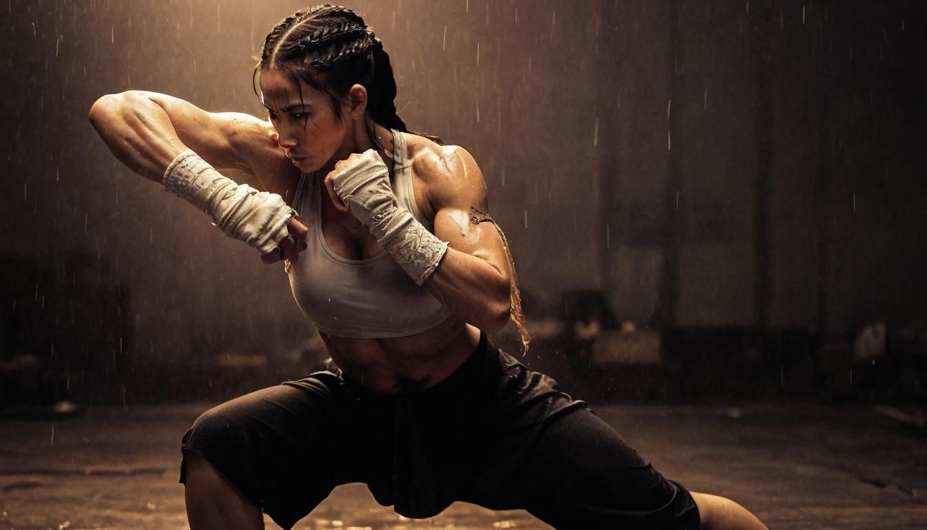Iconic Martial Art Woman Fighter Training in Rain